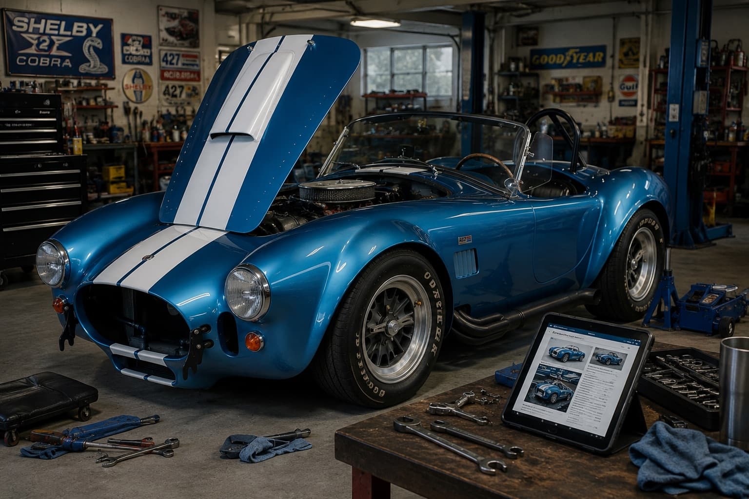 Factory Five Cobra in a garage with the hood up and the Kitcar Companion app on a tablet on the workbench.